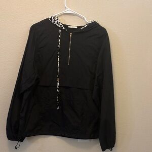 Black Hooded Anorak Jacket with Animal-Print Trim